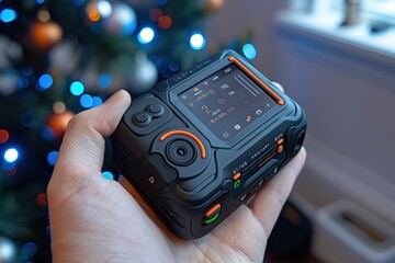 A person is holding a camera with a black and orange screen