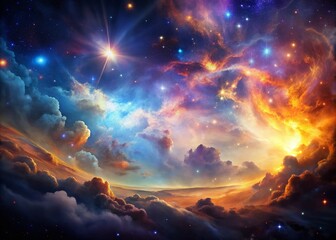 Naklejka premium Vibrant, swirling clouds of iridescent gas and dust illuminate the cosmos, creating a stunning, ethereal background