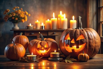 Halloween pumpkins with burning candle on table in dark living room