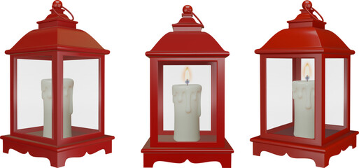 isolated 3d red lantern with candle. christmas decoration realistic illustration