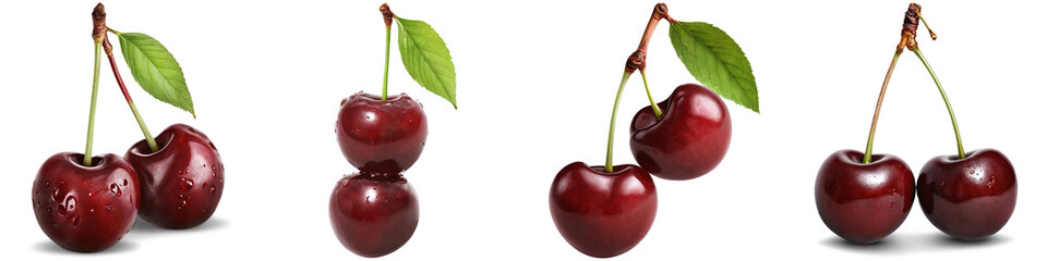Collage of cherry illustrations isolated on white background. Set of PNG isolated fruits.