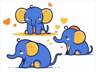 A cute simple blue elephant with different poses. Nursery graphics.