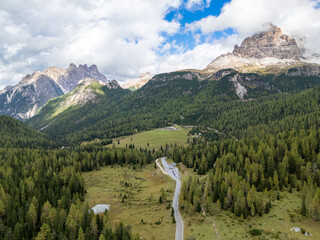 Aerial drone photo of a mountain lake in the Dolomites, Italian Alps.