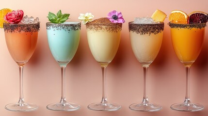 Colorful cocktails garnished with flowers and fruit on a pastel background.
