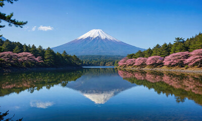 Mount Fuji reflected in a calm lake, surrounded by cherry blossoms in full bloom