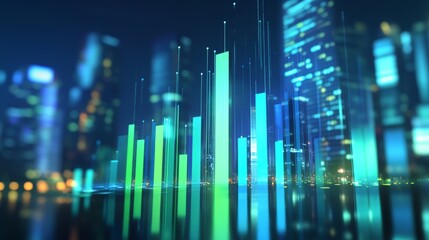 A futuristic cityscape featuring vibrant, glowing bar graphs, representing data and analytics against a night sky backdrop.