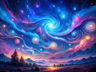 Vibrant swirls of electric blue and pink hues dance across a whimsical, starry night sky, evoking a sense