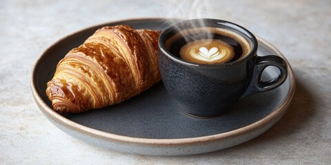 Delicious French Breakfast with Fresh Croissant and Hot Cappuccino in Elegant Black Cup on Rustic Plate - Perfect Morning Meal