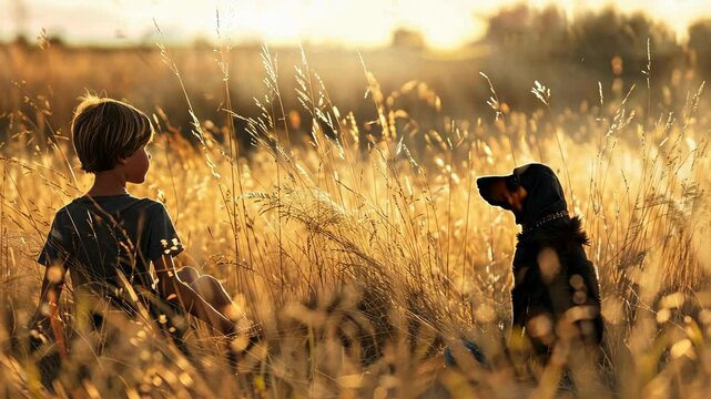A young boy sits in a field of tall grass with his dog, enjoying the warm evening sun