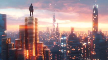 Fototapeta premium A silhouetted figure stands atop a stack of coins, gazing over a vibrant, futuristic city skyline at sunset.