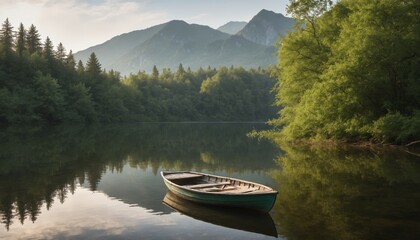 A tranquil boat floats on a serene lake surrounded by lush forests and majestic mountains at dawn's gentle light