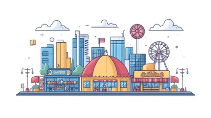 Naklejka premium Flat vector of Oktoberfest carnival with Ferris wheels, games, and food stalls offering sausages and pretzels