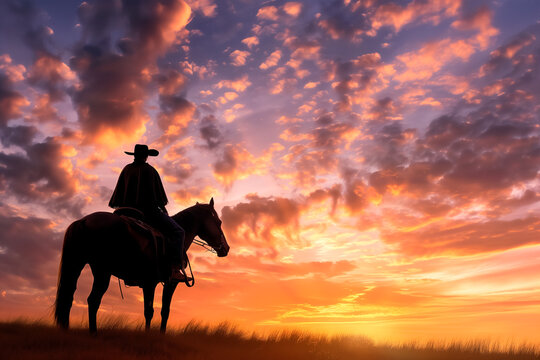 Silhueta de um vaqueiro ga&uacute;cho montando um cavalo crioulo ao p&ocirc;r do sol nos pampas. Ra&ccedil;a de cavalo crioulo brasileiro.