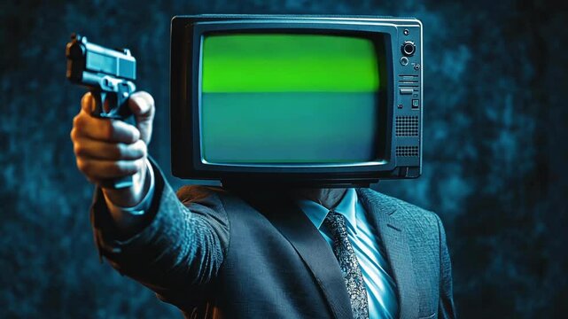 man in suit with tv head threatens with gun, green screen
