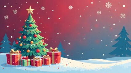 Christmas background with Christmas tree and gift boxes. Vector Illustration.
