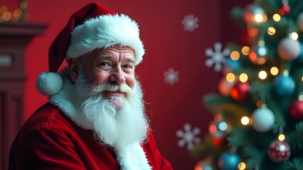 Portrait of santa claus at home with christmas tree in background