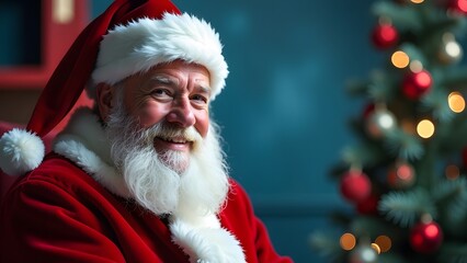 Portrait of santa claus with christmas tree on background