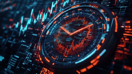 A futuristic clock with digital elements and vibrant colors, surrounded by fluctuating data lines and graphs, representing time and technology.