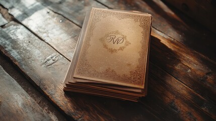 Vintage Leather Bound Book with Intricate Emblem on Wooden Surface