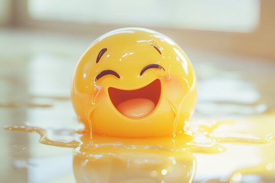 A crying-laughing emoji with tears streaming down its shiny yellow face, reflecting soft light in a white room.