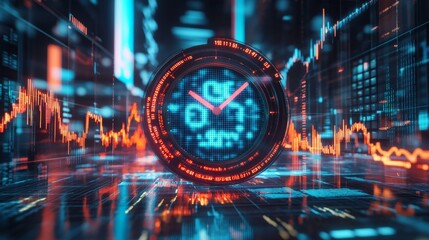 A vibrant, futuristic digital clock surrounded by dynamic financial graphs and data streams, illustrating the intersection of time and technology.