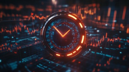 A futuristic clock surrounded by vibrant digital elements and data patterns, symbolizing the intersection of time and technology.