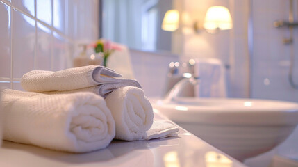 A medium close-up of a brightly lit Airbnb bathroom, showing a sparkling clean sink, fresh towels, and modern fixtures.