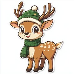 Fototapeta premium Cartoon deer with green hat and scarf, white isolate background