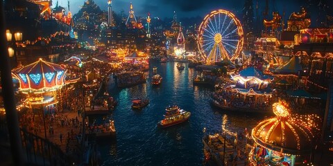 Aerial view of a bustling carnival at night, with a Ferris wheel, carousels, boats, and crowds of people.