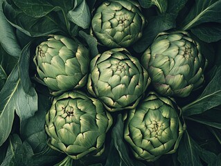 Obraz premium Fresh artichokes on green leaves.
