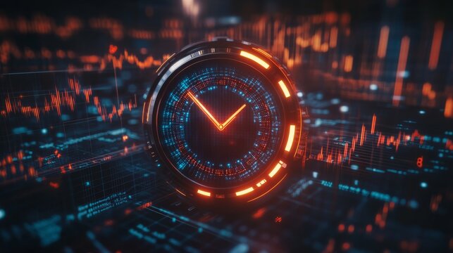A futuristic clock surrounded by vibrant digital elements and data patterns, symbolizing the intersection of time and technology. - Powered by Adobe
