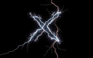 Electric blue lightning forming letter X on black background