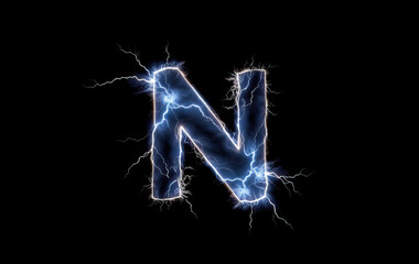 electric blue neon letter N with lightning effects on black background