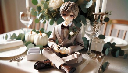 A stylish doll dressed in formal attire sits amidst a beautifully decorated table setting. The arrangement includes white pumpkins, greenery, and elegant tableware, evoking a sophisticated atmosphere.