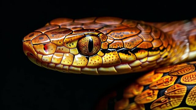 A close-up of a snake's head, revealing its intricate scales and piercing gaze, captured against a black background