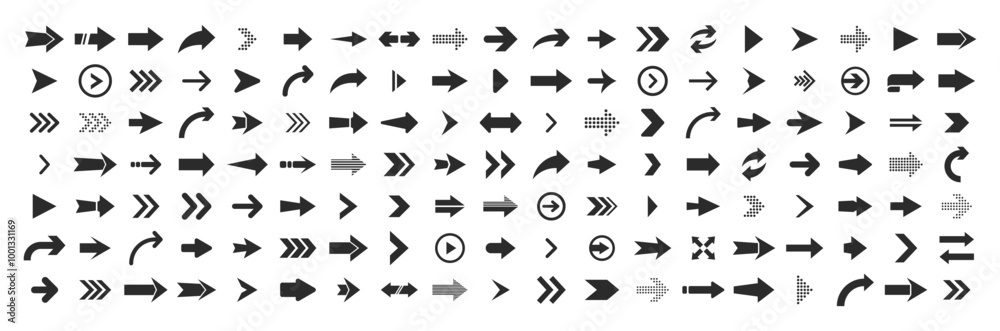 Poster Diverse set of arrow icons in black, perfect for digital design and navigation. Ideal for enhancing user interfaces and graphic projects.