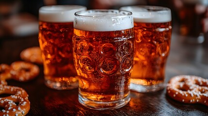 Oktoberfest celebration in Munich with people enjoying traditional beer and pretzels in a festive outdoor setting