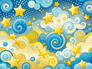 Fototapeta premium Vibrant, whimsical background featuring swirling clouds, stylized stars, and playful polka dots in a mesmerizing blend