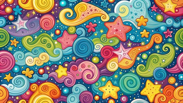 Vibrant, whimsical background featuring colorful, swirly clouds, scattered stars, and abstract shapes in a playful,