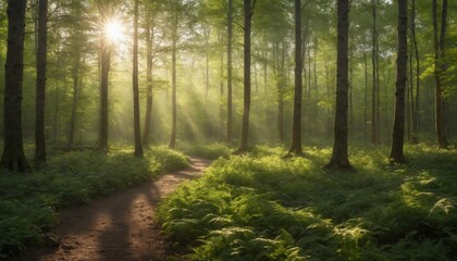 Obraz premium Golden sunlight filters through lush green trees in a serene forest at dawn, creating a magical atmosphere filled with tranquility