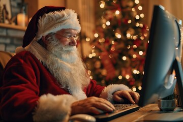Obraz premium A man in a Santa hat is sitting in front of a computer keyboard
