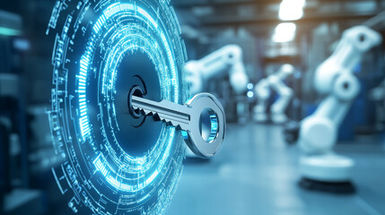 A cybernetic key is turning in digital lock within smart factory, symbolizing advanced technology and automation. scene reflects innovation and efficiency in modern manufacturing