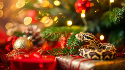 A snake is sitting on top of a red box with a gold ribbon