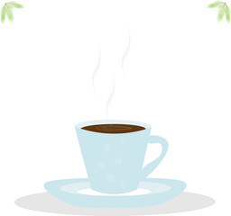 A blue mug of hot chocolate on a saucer with snowflakes. Vector illustration