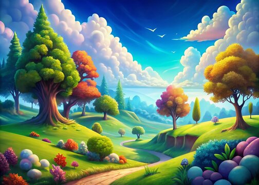 Vibrant, whimsical fantasy landscape with rolling hills, towering trees, and fluffy clouds set against a bright blue