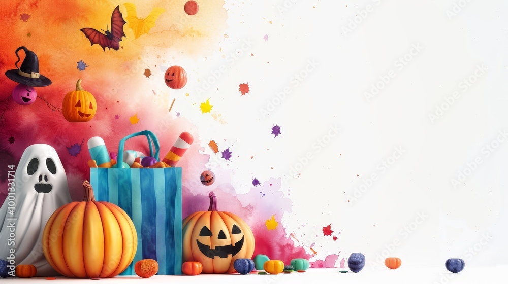 Poster A festive Halloween scene with a trick-or-treat bag filled with candy, a ghost, pumpkins, bats, and candy scattered across a watercolor background.