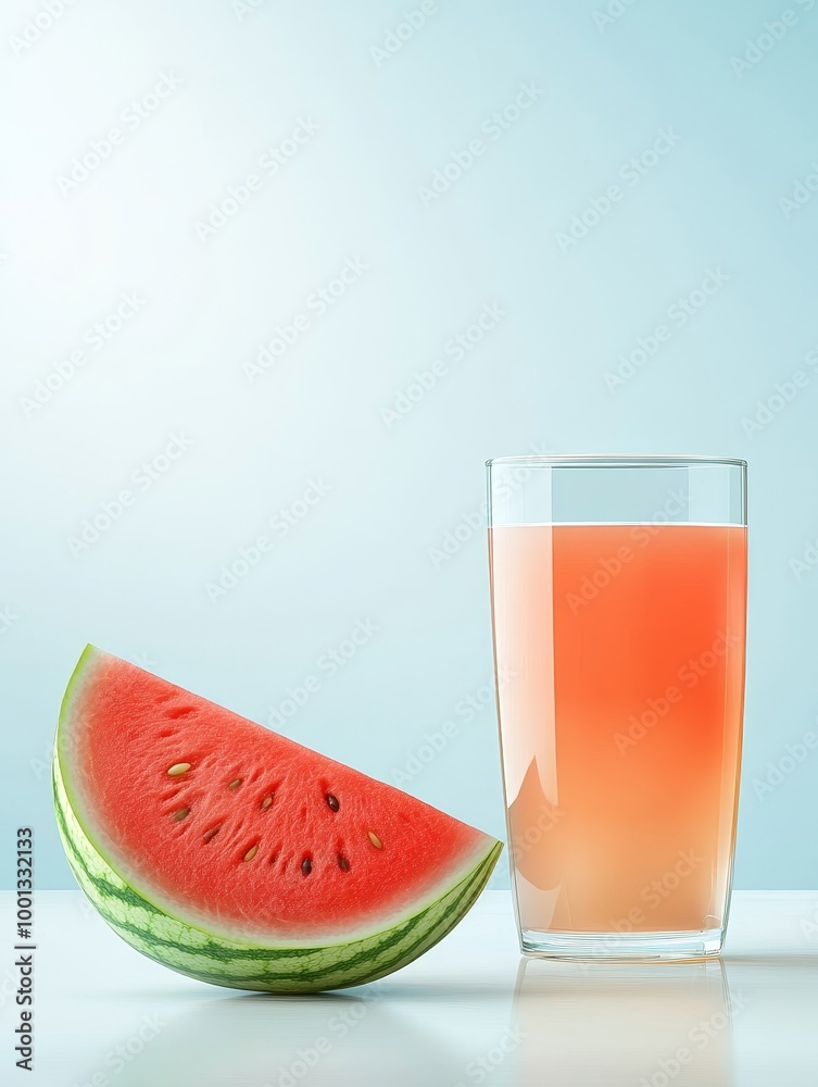 Poster A glass of watermelon juice sits next to a slice of fresh watermelon, representing a healthy and refreshing summer drink.