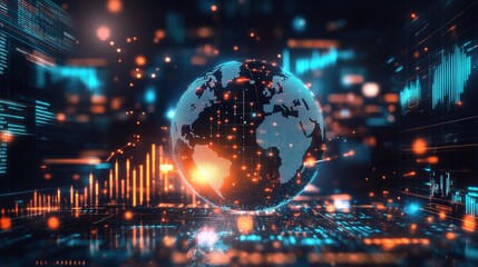 A digital representation of the globe surrounded by data streams and abstract visuals, symbolizing connectivity and technology.