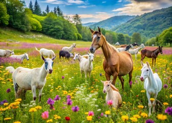Fototapeta premium Vibrant wildflower meadow landscape with happy playful goats, sheep, and horses roaming freely, creating a peaceful and