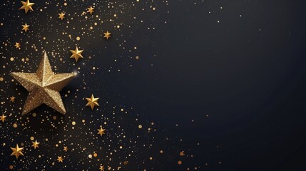 On a black background there are golden stars. Copy space